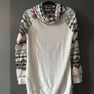 First Love Ivory Cowl Neck Sweater with Multicolor Patterned Sleeves